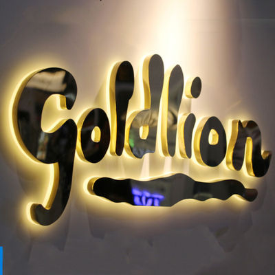 L'affare Logo Signage Stainless Steel Lighted dello specchio dell'oro immagazzina i segni anteriori